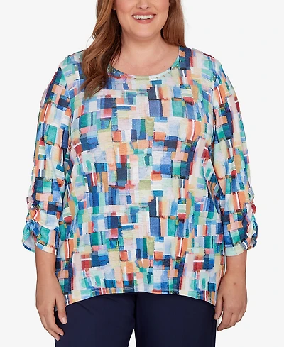 Alfred Dunner Plus Saratoga Springs Tile Print Colorblock Textured Top