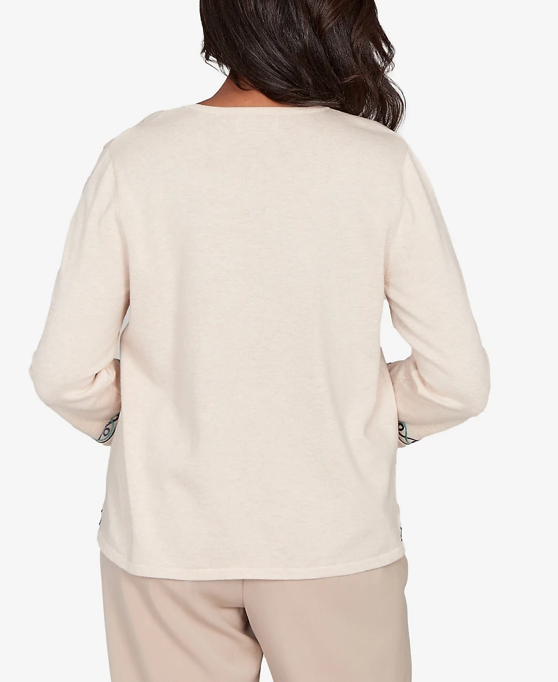 Alfred Dunner Plus Saratoga Springs Embroidered Floral Three-Quarter Sleeve Sweater