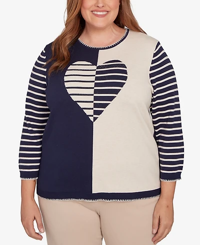 Alfred Dunner Plus Saratoga Springs Heart Motif Detail Striped Sweater