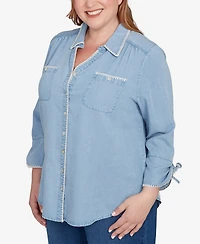 Alfred Dunner Plus Hilton Head Blanket Stitch Trim Button-Front Top