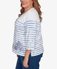 Alfred Dunner Plus Hilton Head Applique Flower Tie Dye Stripe Knit Top