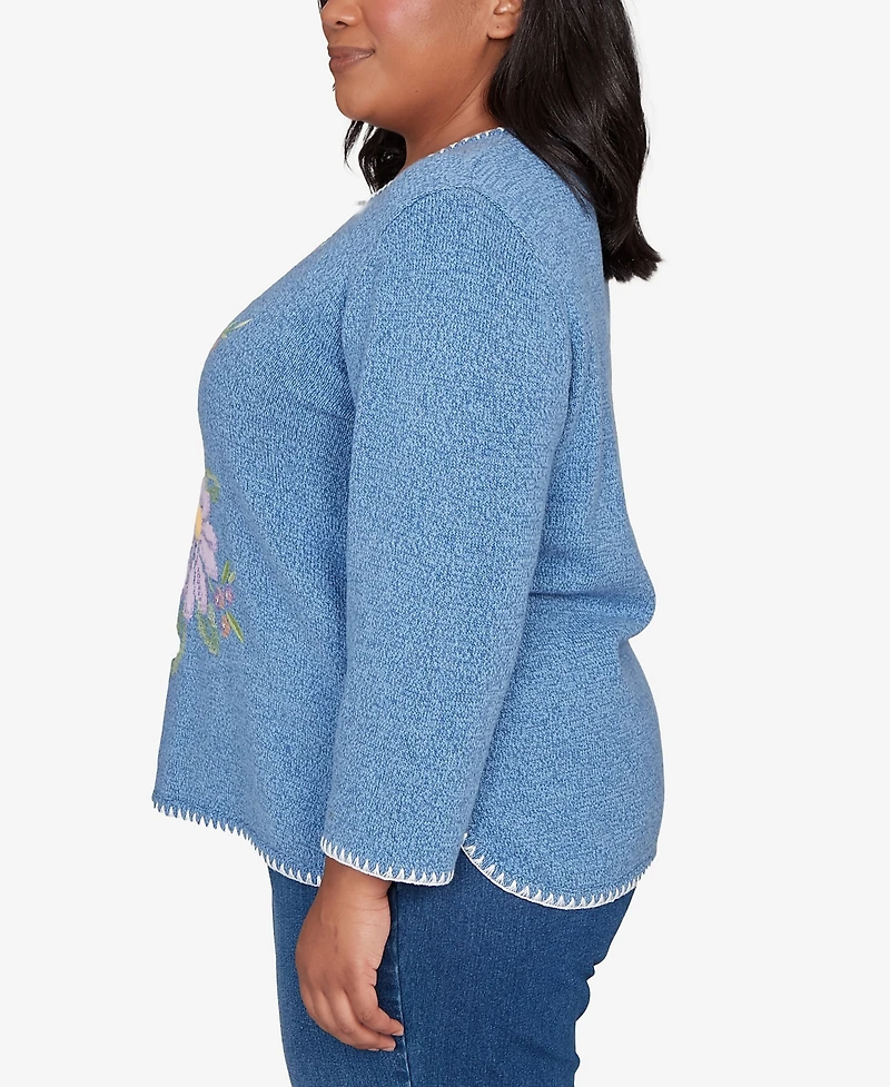Alfred Dunner Plus Hilton Head Cross Stitched Floral Pullover Sweater