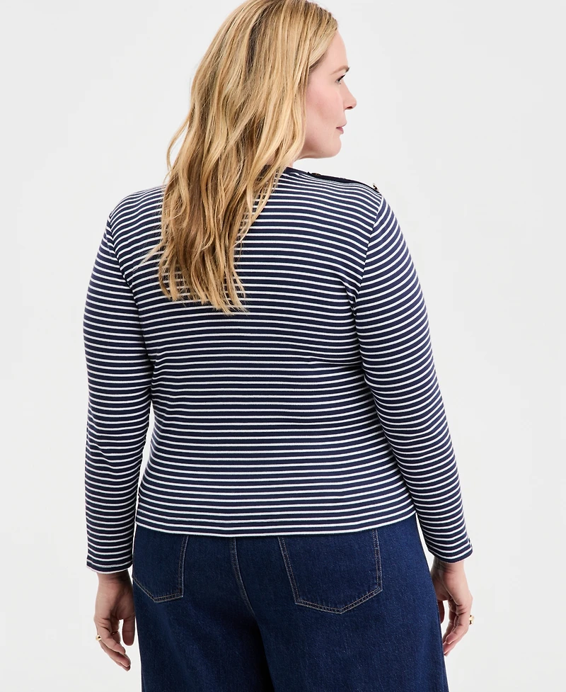 On 34th Trendy Plus Striped Button-Shoulder Long-Sleeve T-Shirt, Macy's Exclusive