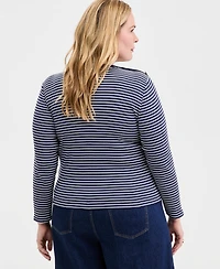 On 34th Trendy Plus Striped Button-Shoulder Long-Sleeve T-Shirt, Macy's Exclusive