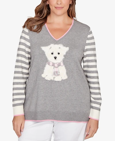 Ruby Rd. Plus Maltese Puppy Striped Sleeve Sweater
