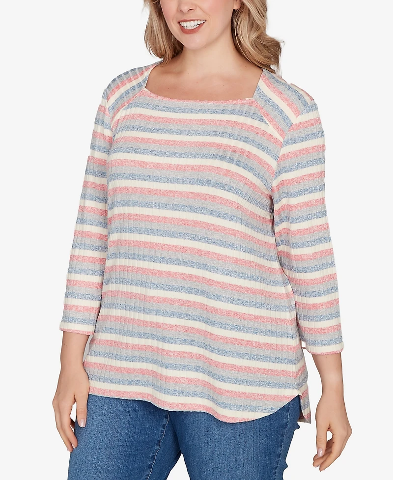 Ruby Rd. Plus Marled Stripe Envelope Neck Rib Knit Top