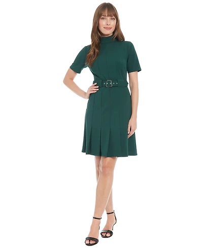 London Times Women's Belted Pleated Fit & Flare Dress
