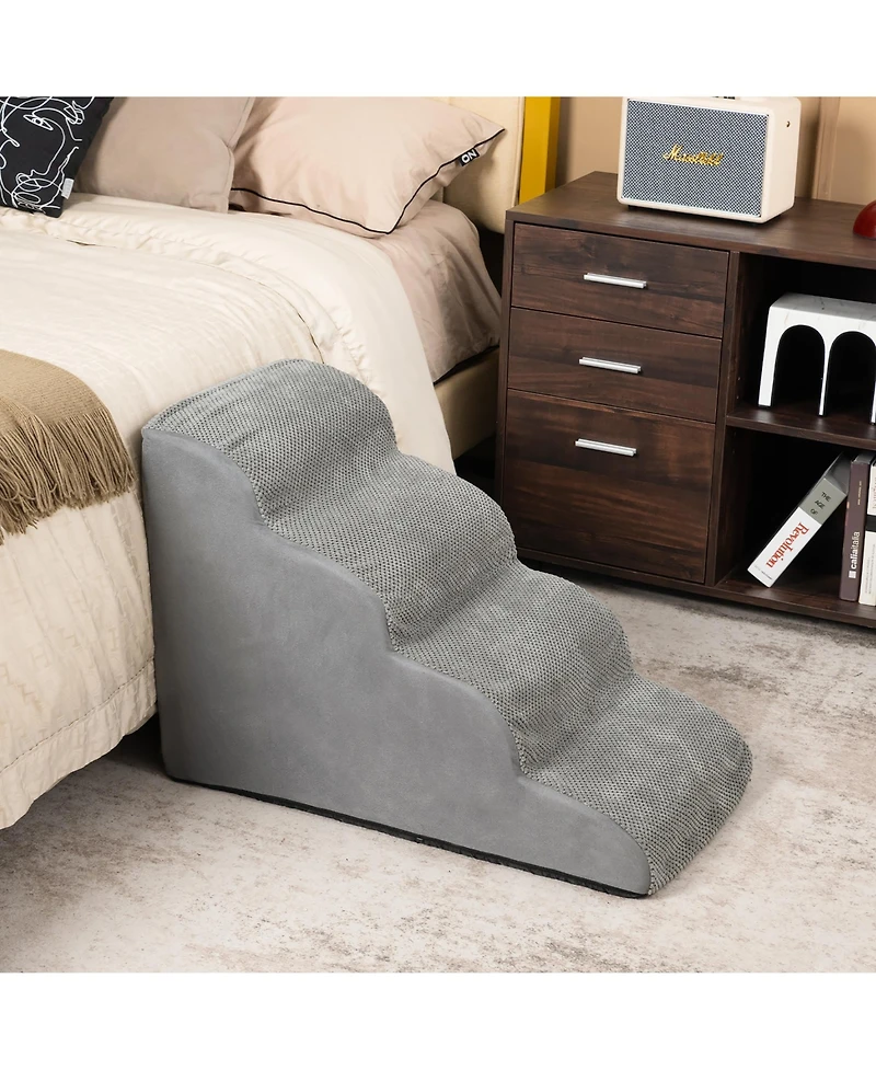 Gymax 4-Tier Foam Dog Ramp Non-Slip Dog Steps Soft Pet Stairs Ladder w/ brush for High Sofa Bed