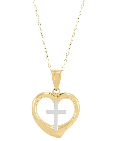 Macy's Back to Back Cross in Heart Pendant Necklace in 10K Yellow and White Gold