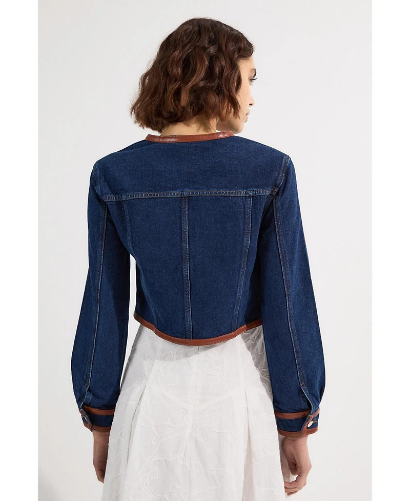 Karen Millen Women's Denim & Leather Collarless Jacket