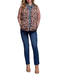 Tribal Women's Printed Leopard Shell Fooler Puffer Denim Vest