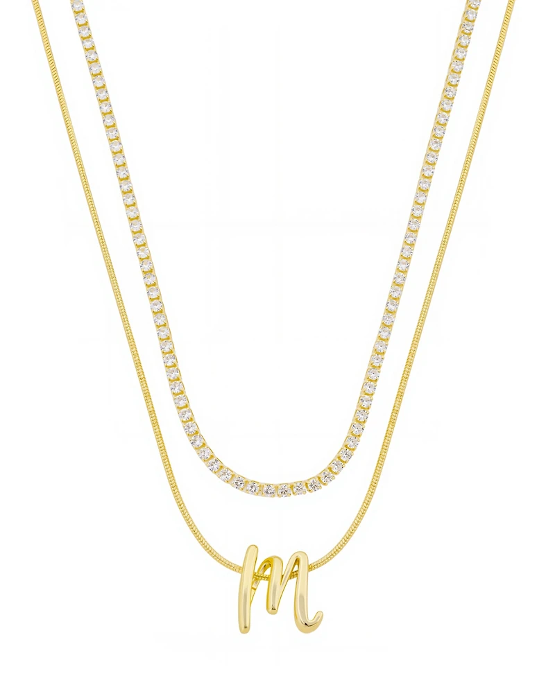 Unwritten Letter "M" Initial Snake Chain Cubic Zirconia Chain Necklace With Extender 2Pcs Set