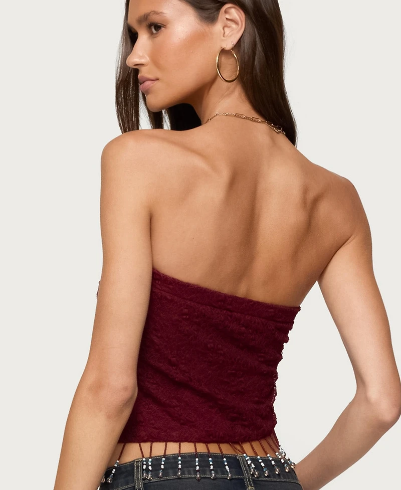 Edikted Women's Textured Asymmetric Bead Fringe Strapless Top