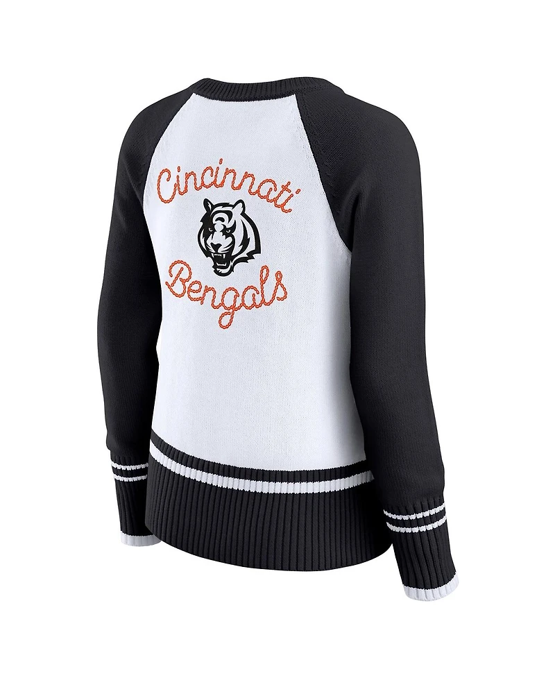 Wear by Erin Andrews Women's White/Black Cincinnati Bengals Color Block Raglan Sweater