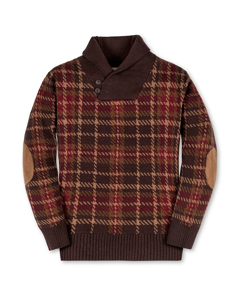 Hope & Henry Little and Big Boys' Organic Long Sleeve Intarsia Shawl Collar Sweater with Elbow Patches