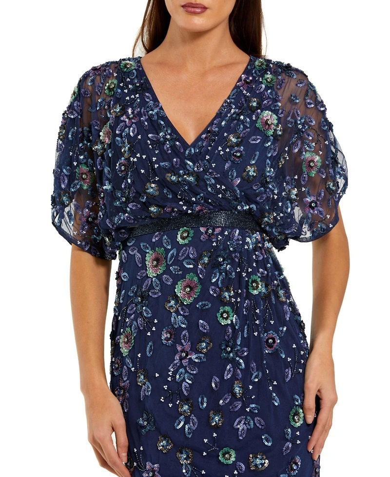Mac Duggal Women's Floral Embellished Short Sleeve Blouson Gown