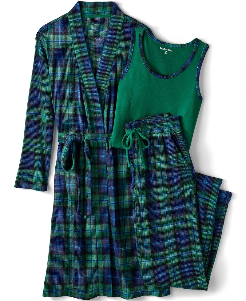 Lands' End Women's Tall Brushed Cozy Waffle Jersey 3 Piece Pajama Set - Tank Top Pant and Robe