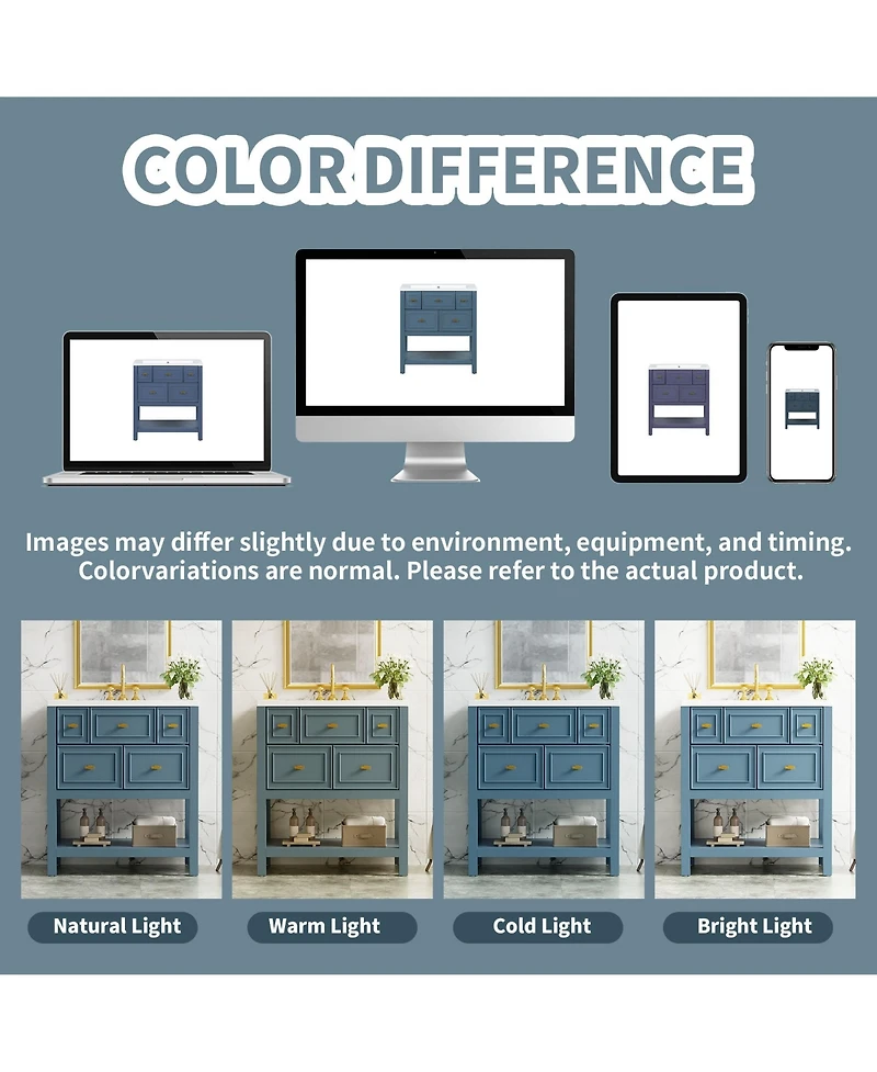 Lovmor 30inch Bathroom Vanity with Ceramic Sink Combo Free Standing Single Vanity Set with 5 Drawers Solid Wood Frame Bathroom Storage Cabinet