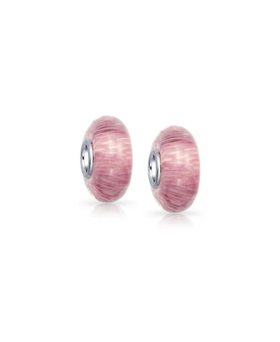 Bling Jewelry Set of 2 Solid Pink Mauve Murano Glass Charm Bead with Sterling Silver Core Bracelets