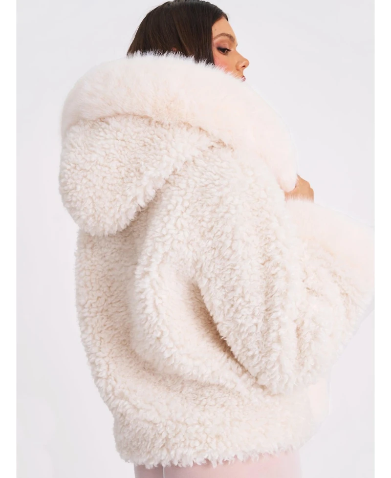 Miss Circle Women's Jumbo Kali White Faux Shearling Fur Trimmed Coat