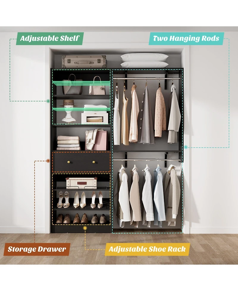 Aheaplus Closet System with Drawer, 5FT Organizer 2 Hanging Rods and Adjustable Shelf, Reversible