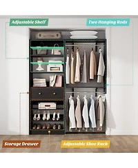Aheaplus Closet System with Drawer, 5FT Organizer 2 Hanging Rods and Adjustable Shelf, Reversible