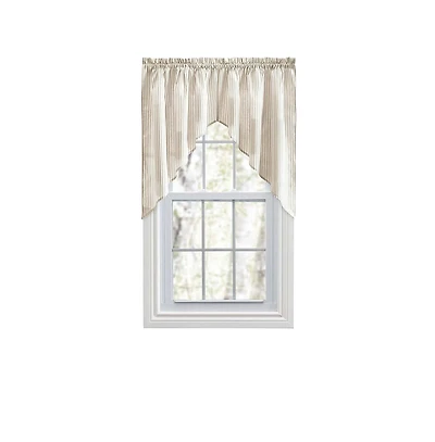 Ellis Curtain Plaza Classic Ticking Stripe Printed on Natural Ground 1.5" Rod Pocket Tailored Swag 56" x 36" Tan