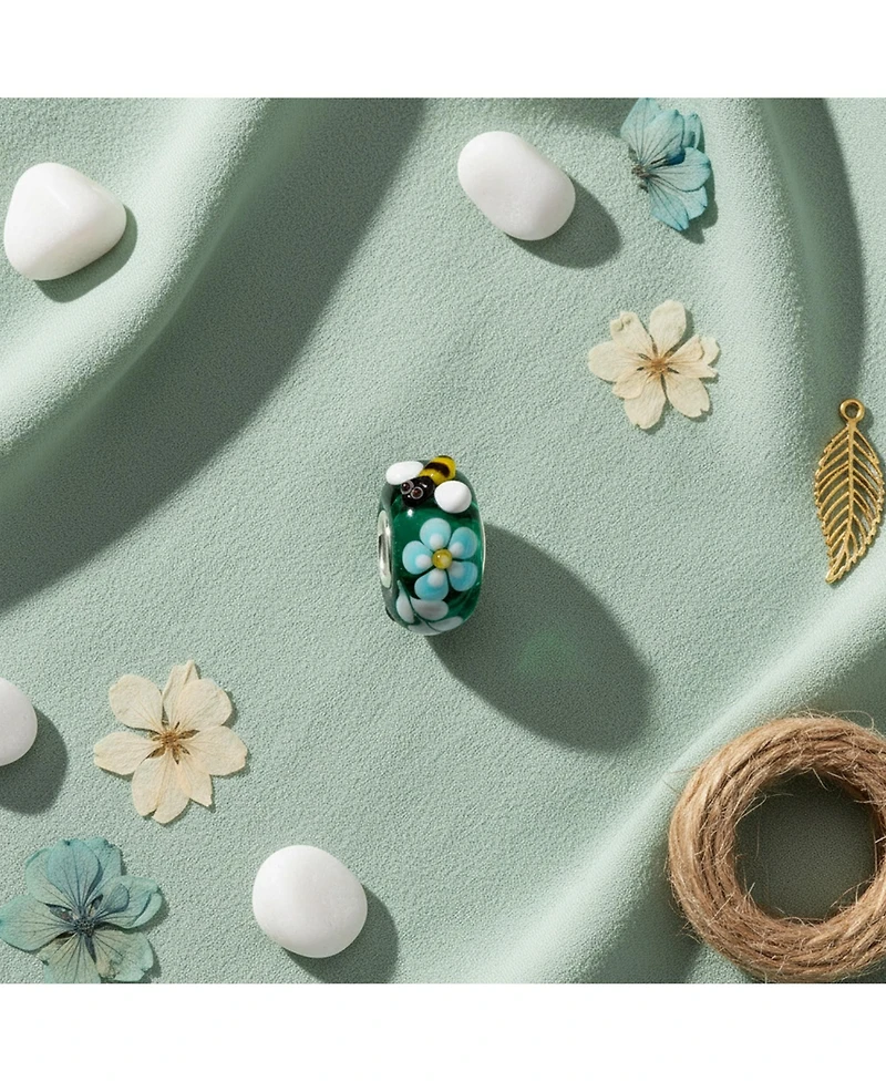 Bling Jewelry Set of 2 Teal Silver Bee Flower Murano Glass Charm Bead European Bracelets