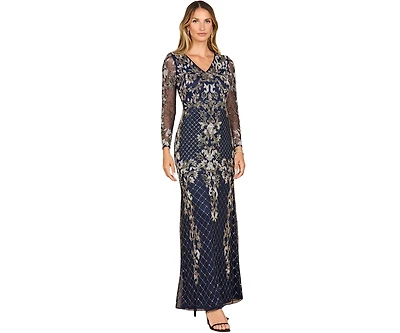 Lara Women's Long Sleeve Contrast Beaded Gown
