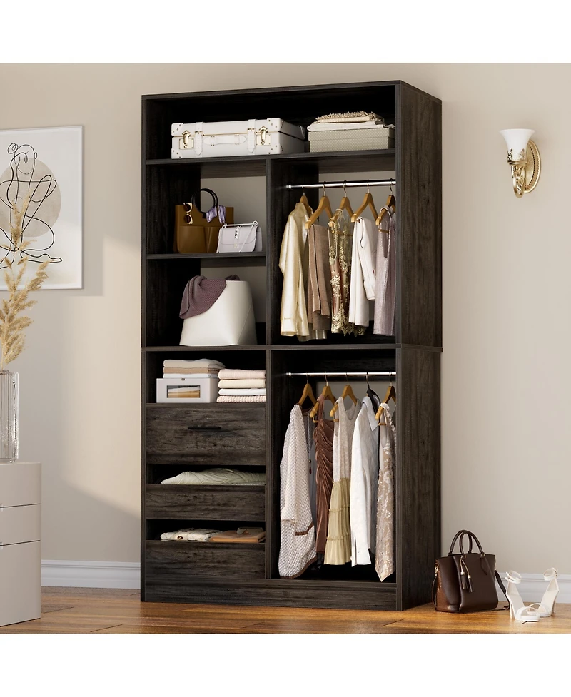 36'' Freestanding Walk-in Closet Organizer System with 3 Drawers, Heavy Duty 2 Hanging Rods & Shelves