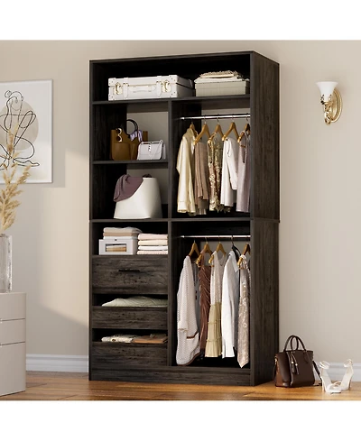 36'' Freestanding Walk-in Closet Organizer System with 3 Drawers, Heavy Duty 2 Hanging Rods & Shelves