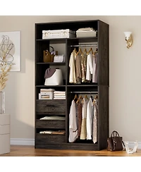 36'' Freestanding Walk-in Closet Organizer System with 3 Drawers, Heavy Duty 2 Hanging Rods & Shelves