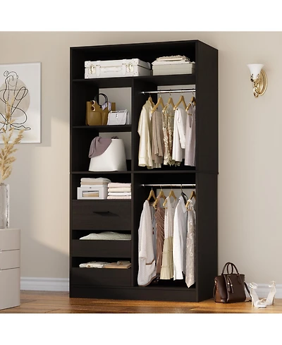 36'' Freestanding Walk-in Closet Organizer System with 3 Drawers, Heavy Duty 2 Hanging Rods & Shelves