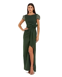 Mac Duggal Women's Beaded Cap Sleeve Crepe Gown With Bow and Slit