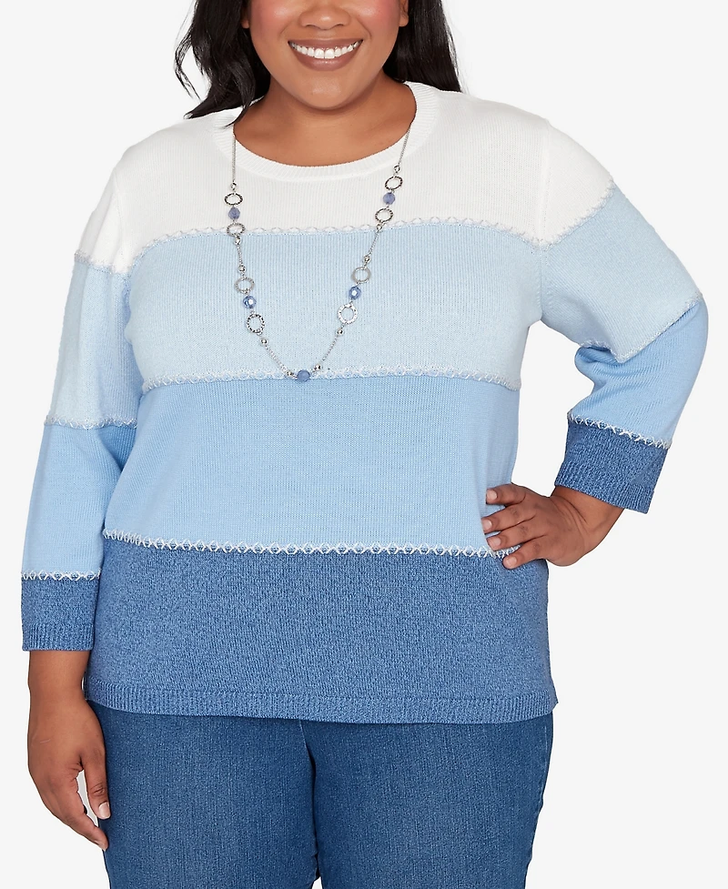 Alfred Dunner Plus Hilton Head Ombre Stripe Sweater with Necklace