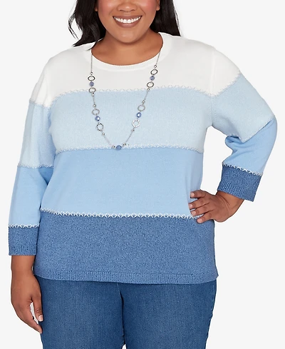 Alfred Dunner Plus Hilton Head Ombre Stripe Sweater with Necklace