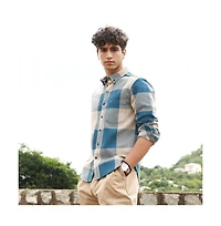 Campus Sutra Men's Azure Blue & Off-White Buffalo-Woven Regular Shirt
