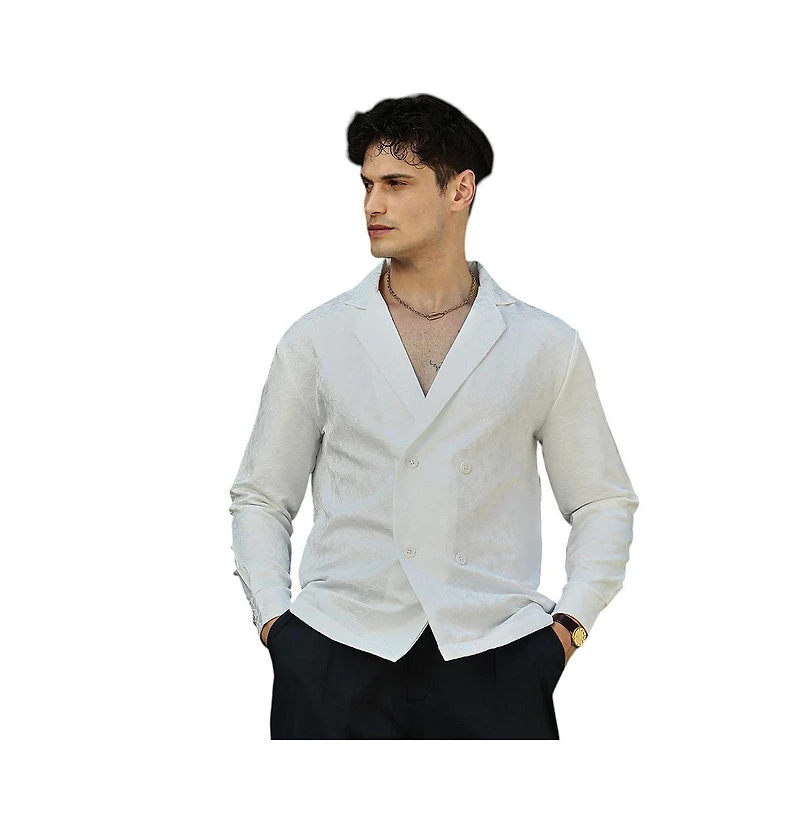 Campus Sutra Men's Daisy White Double-Breasted Moziac Shirt