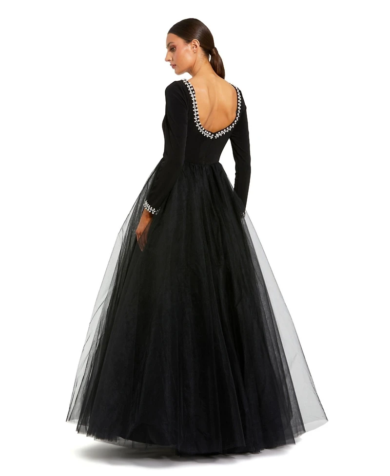Mac Duggal Women's Embellished Jersey Long Sleeve Ballgown With Tulle Skirt