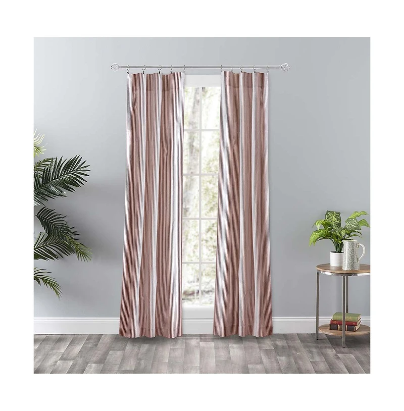 Ellis Curtain Plaza Classic Ticking Stripe Printed on Natural Ground Tailored Panel Pair with Tiebacks 56" x 84" Brick