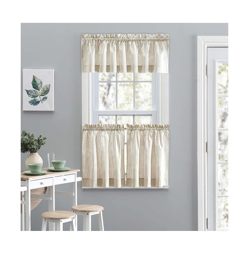 Ellis Curtain Plaza Classic Ticking Stripe Printed 1.5" Rod Pocket Tailored Tiers 56" x 36" Tan