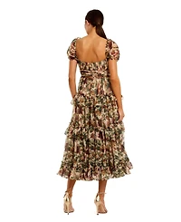 Mac Duggal Women's Chiffon Puff Sleeve A Line Midi Dress With Ruffles