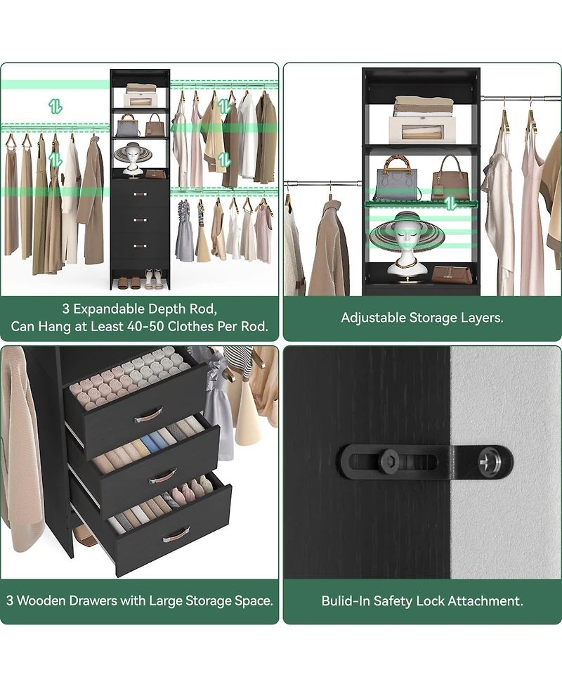 Aheaplus 5-8FT Adjustable Closet Organizer System with 3 Drawers & Hanging Rods, Clothes Rack for Organization