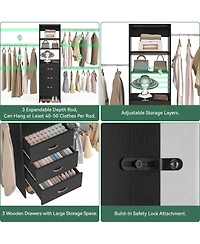 Aheaplus 5-8FT Adjustable Closet Organizer System with 3 Drawers & Hanging Rods, Clothes Rack for Organization