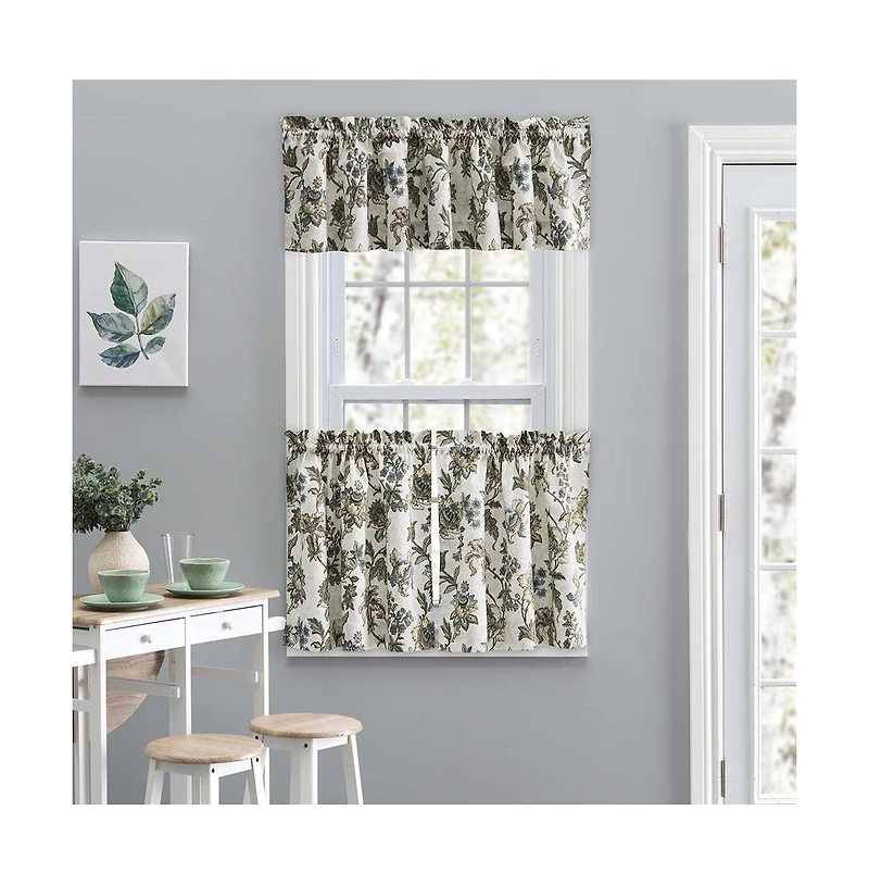 Ellis Curtain Madison Floral Design Printed Natural Ground 1.5" Rod Pocket Tailored Tier 56" x 24" Blue