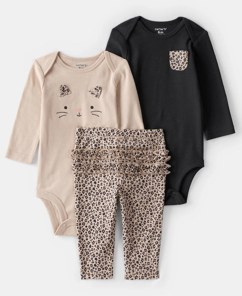Carter's Baby Girls 3-Piece Printed Bodysuit, Long-Sleeve Bodysuit and Pants Set