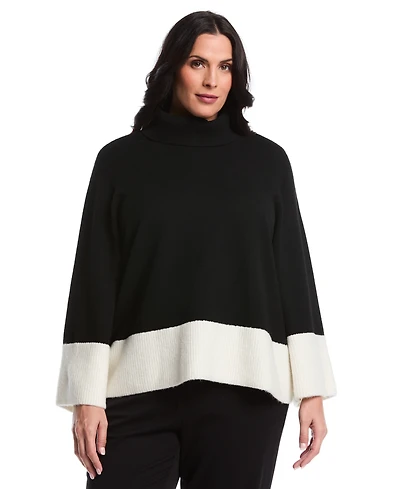 Rafaella Women's Plus Color Block Trim Turtleneck Long Sleeve Sweater