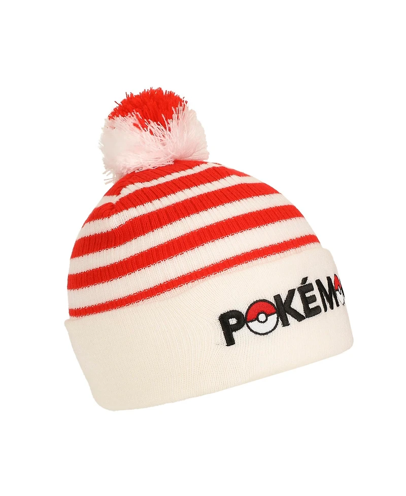 Pokemon Men's Pokeball Plush Pom, Red And White Stripes Cuff Beanie