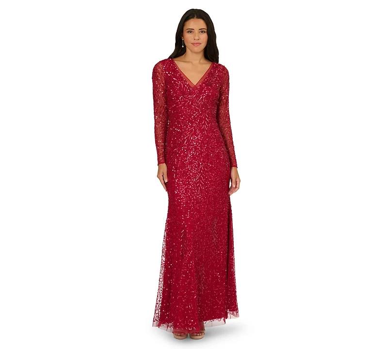 Adrianna Papell Women's Long-Sleeve Beaded Full-Length Gown