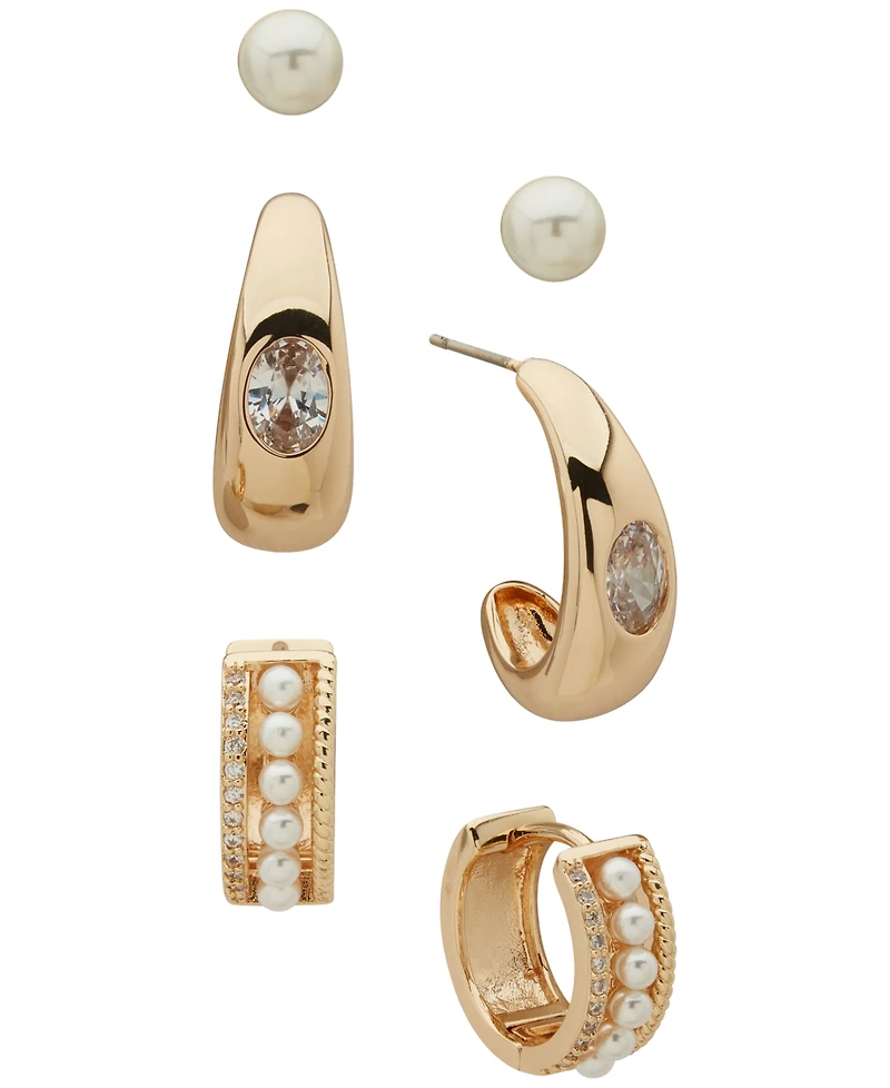 Anne Klein 3-Pc. Cubic Zirconia and Imitation Pearl Gold-Tone Round and Baguette Earrings Set